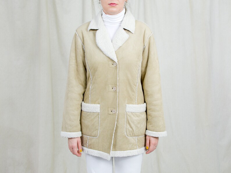 Faux suede jacket cream sherpa winter coat shearling beige vintage XL image 5