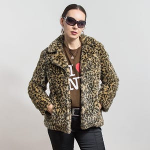 Krótki płaszcz z futra w stylu vintage w panterkę, kurtka retro, rozmiar S/M