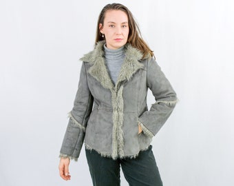 Vintage faux fur jacket gray fake suede leather Medium