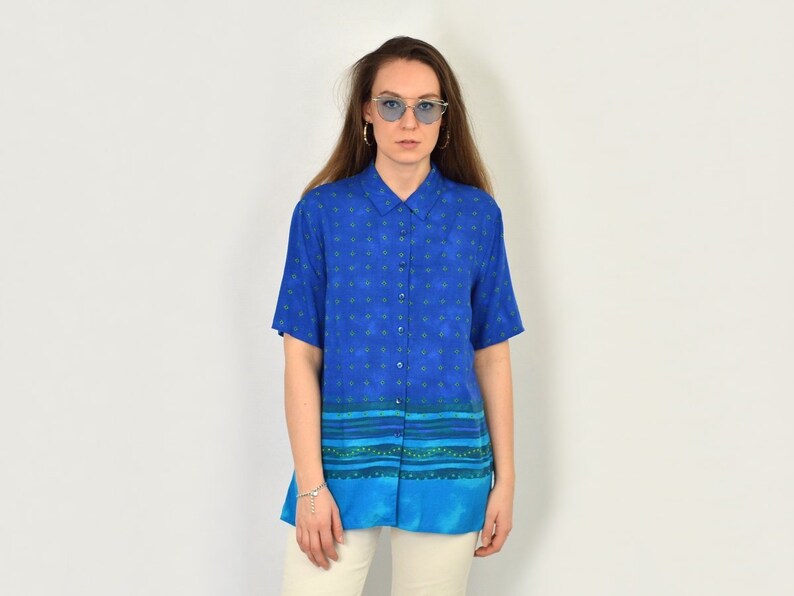 St. Michael Marks&Spencer blouse hawaiian shirt blue aztec ethnic Retro 90s shirt floral summer printed vintage beach short sleeve L Large image 2