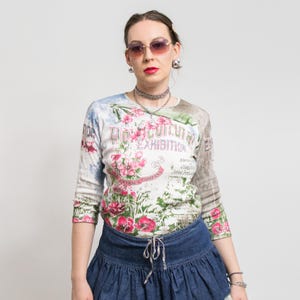 Blusa estampada Y2K con estampado floral vintage, manga 3/4, para mujer, talla L