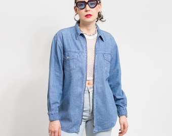 Blue denim shirt Vintage 90's jean long sleeve women size L/XL