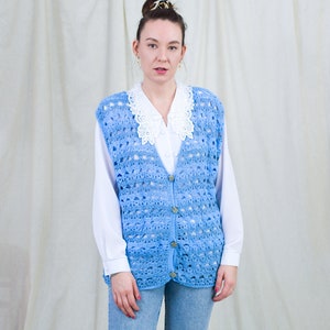 Blue sweater vest vintage handmade cardigan croched sleeveless one size XL-XXXL image 1