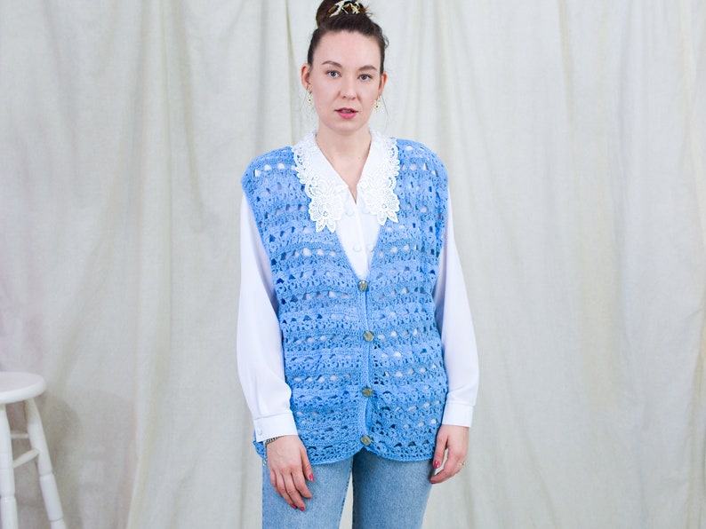 Blue sweater vest vintage handmade cardigan croched sleeveless one size XL-XXXL image 1