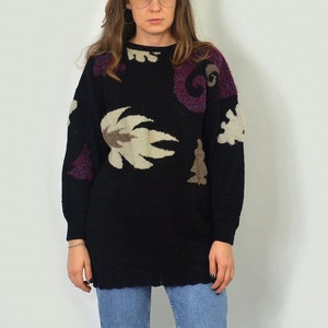 80&#39;s sweater black pullover Retro floral Vintage L/XL