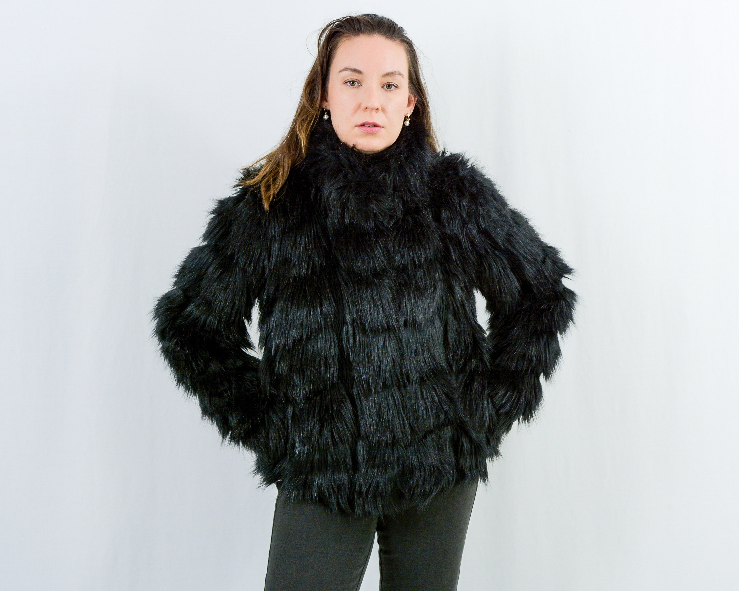 Black Faux Fur Vintage Y2k Jacket Party Coat Vegan Friendly Women