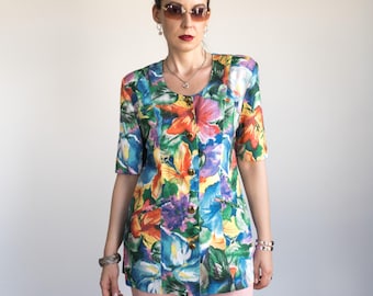 Blazer floral vintage de los años 90, mezcla de lino, manga corta, estilo retro chic / talla L para mujer