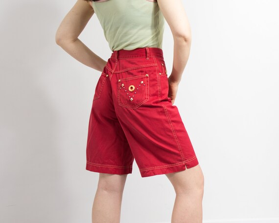 Vintage 80's denim shorts red golden spikes high … - image 3