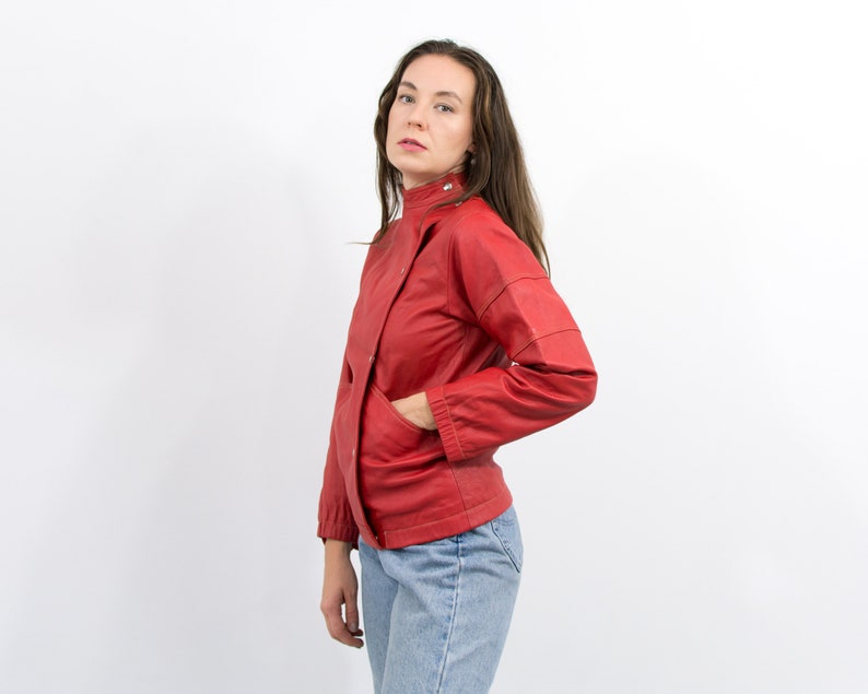 Red leather jacket vintage biker women size M image 6