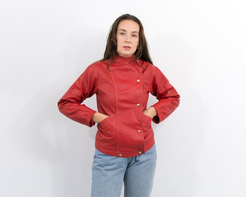 Red leather jacket vintage biker women size M image 5