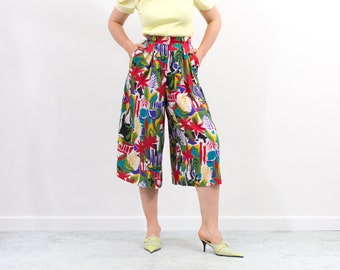 90s printed shorts wide leg relaxed fit summer rainbow boho women S/M