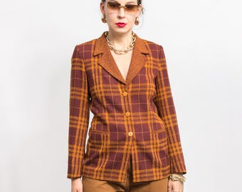 Vintage plaid blazer retro jacket tartan tailored women size M