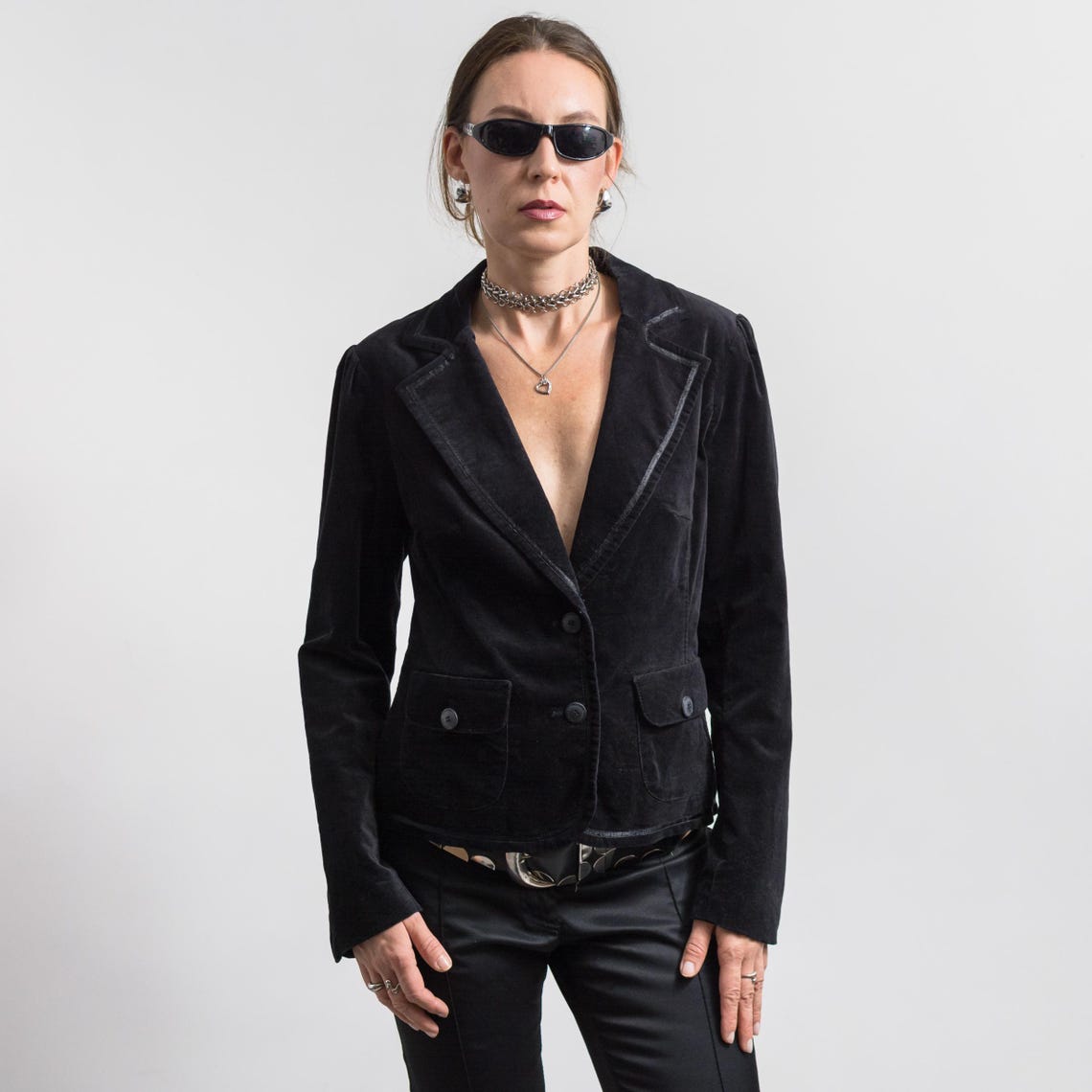 Y2K Black Velvet Blazer Fitted Vintage Tailored Jacket L/XL, foto 1 de 5