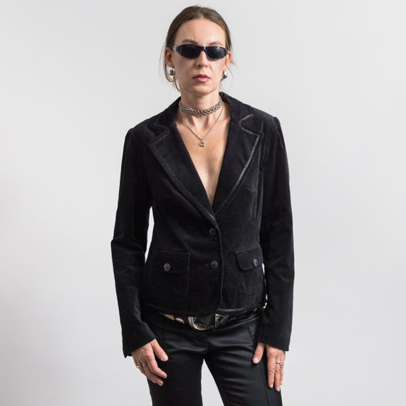 Y2K Black Velvet Blazer Fitted Vintage Tailored Jacket L/XL