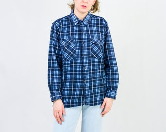 Fleece shirt blue checkered long sleeve pockets top vintage 90s women L Large