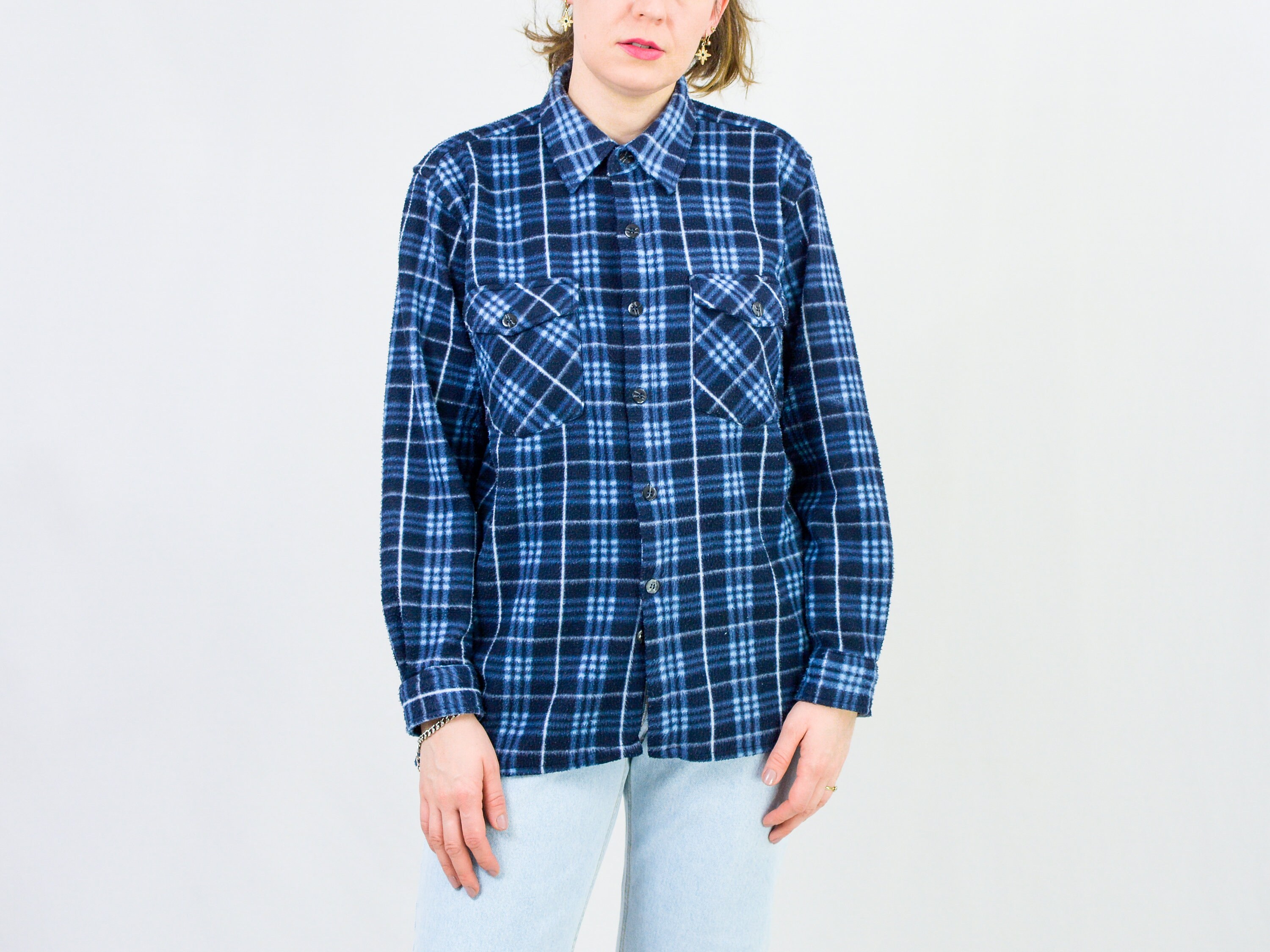 Fleece Shirt Blue Checkered Long Sleeve 