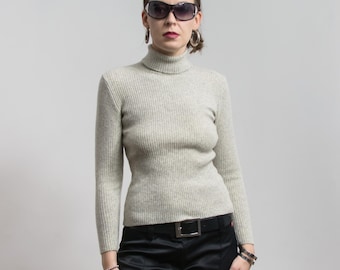 Wool Turtleneck Ribbed Sweater Minimalist Gray Fitted Knit