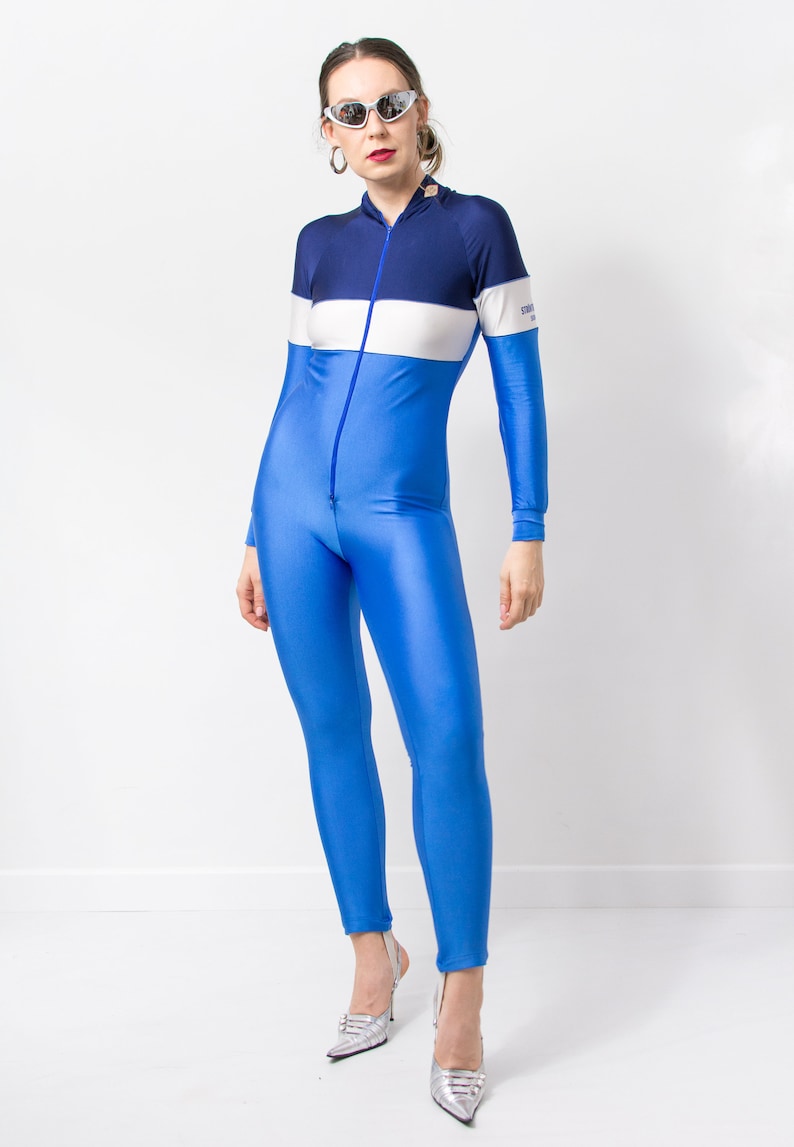 Vintage lycra jumpsuit blue athletic tracksuit coveralls women size S/M image 4