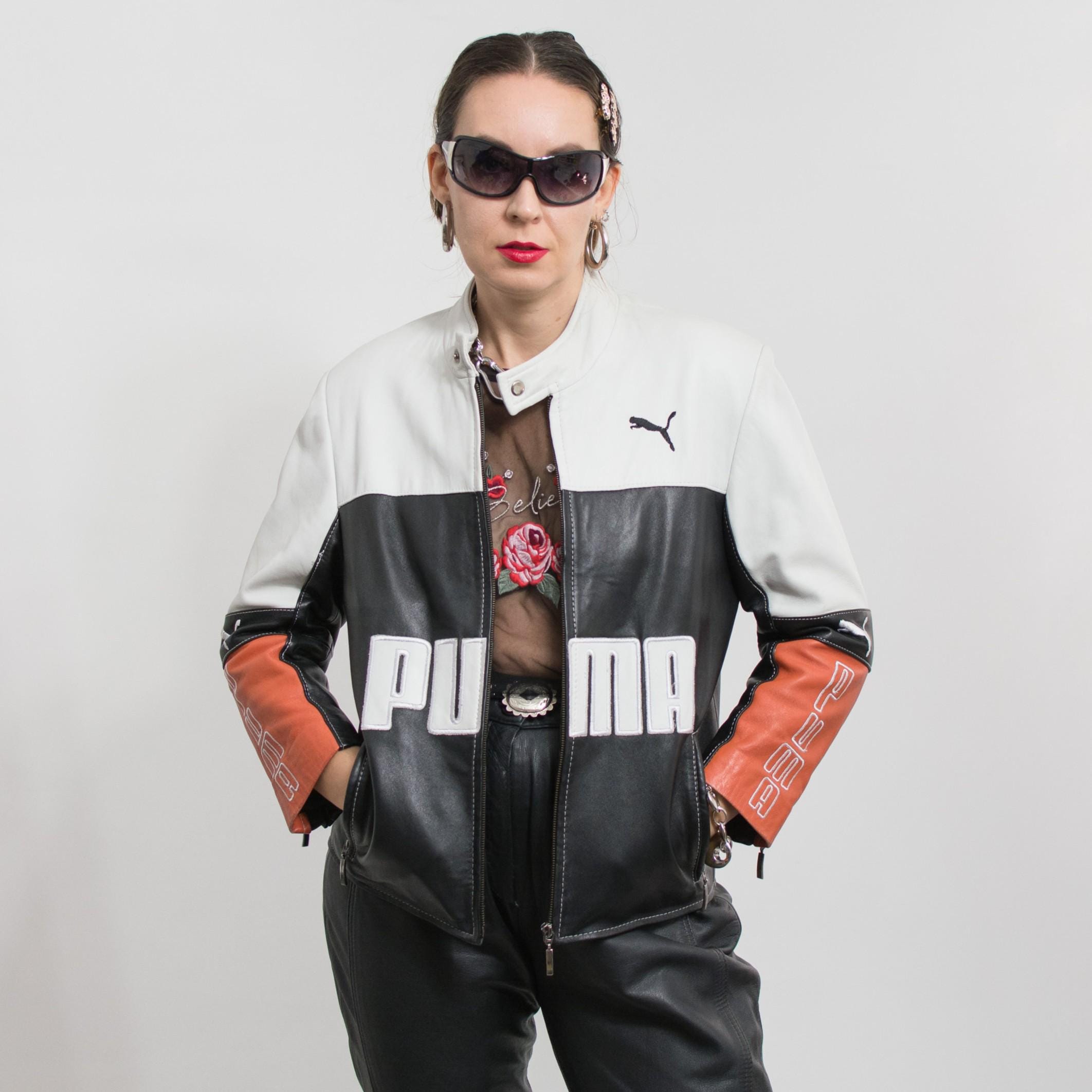 Puma フード付きレザージャケット ブラック 90s-00s Vintage PUMA Leather Racing Jacket | Moto Biker | Women's