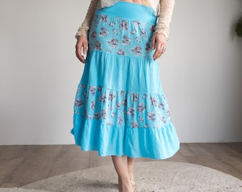 Gonna floreale blu / gonna midi vintage plissettata fairycore boho / taglia unica da donna