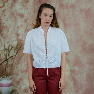 Ethnic white blouse short sleeve lace shirt retro minimalist XL/XXL image 3