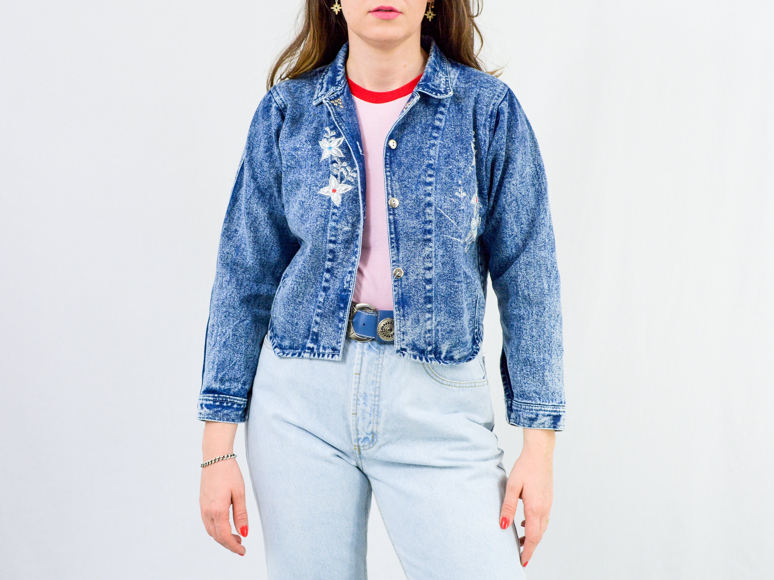 Vintage 80s Denim Jacket Blue Stonewashed Floral Patch