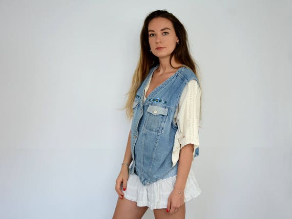 Floral denim vest jean jacket grunge hipster slee… - image 3