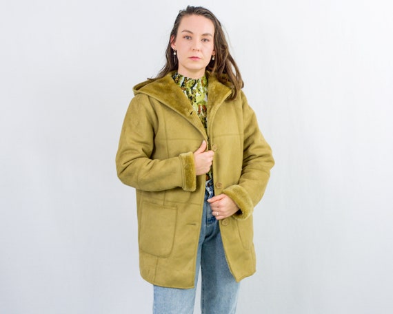 Vintage Hooded Faux Suede Jacket Fur Fake Leather Southwestern  