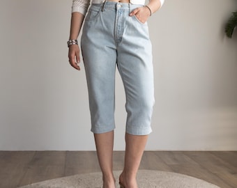 Pantalones capri de mezclilla de cintura alta vintage de los años 90 / pantalones cortos vaqueros azules / talla de mujer L/XL