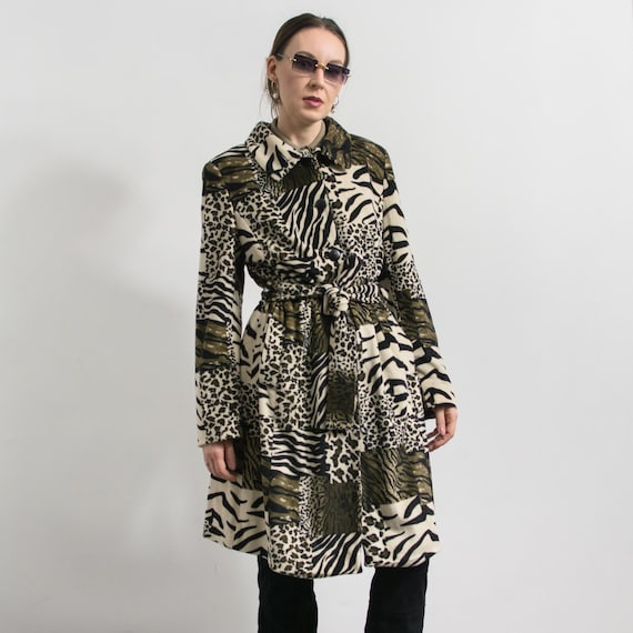 Vintage Animal Print Faux Fur Trench Coat Tiger Leopard Pattern