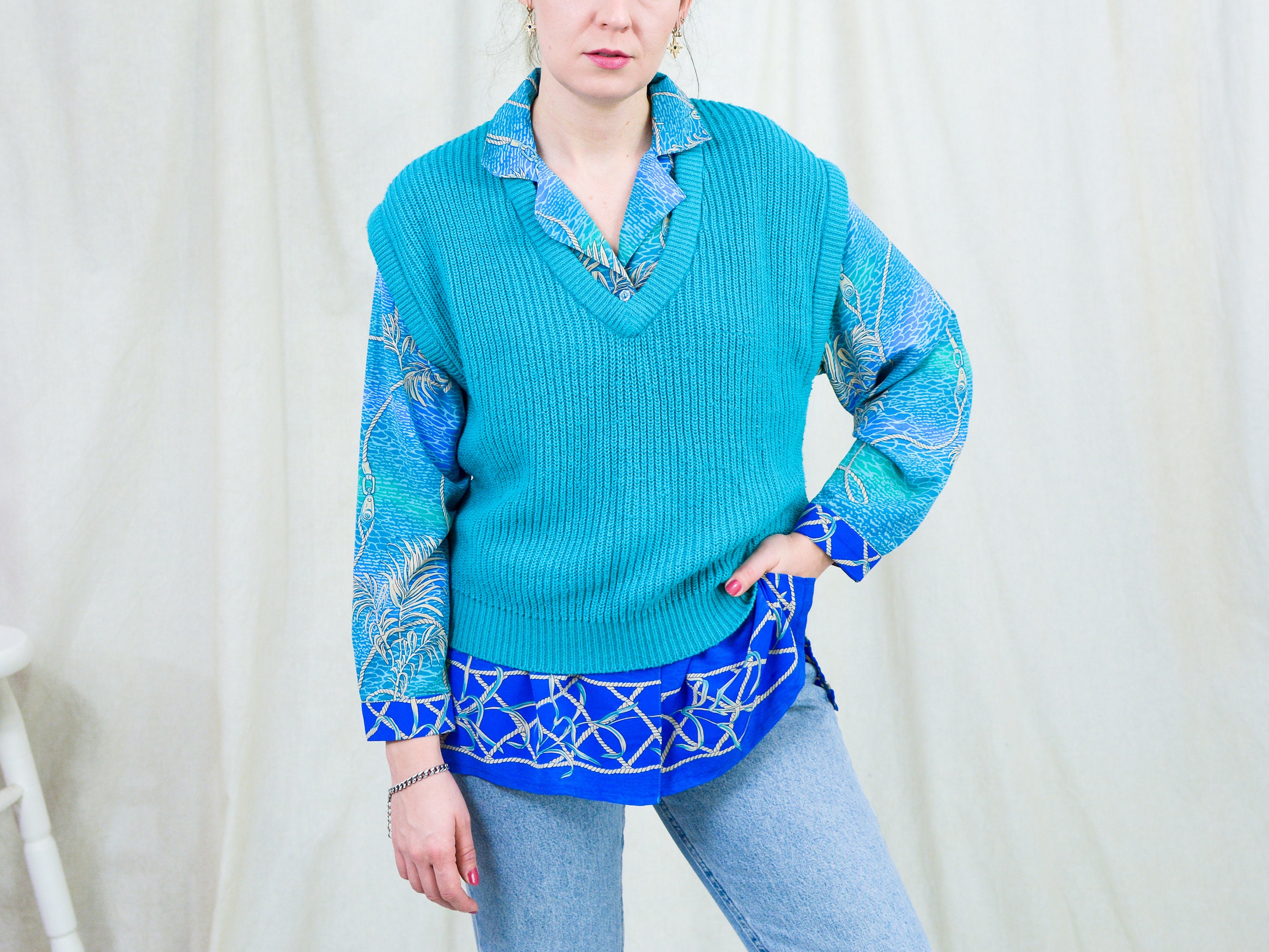Turquoise Sweater Vest Vintage Blue V 