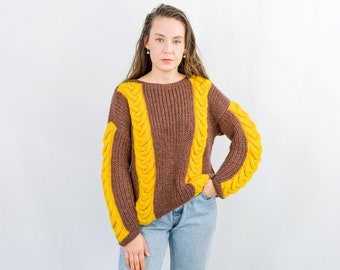 Vintage oversized sweater slouchy yellow bronze jumper handmade women L/XL