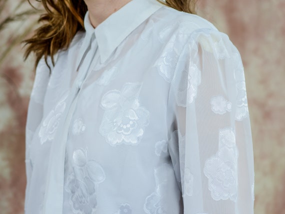White roses shirt 80s vintage puffy sleeve mesh s… - image 2