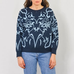 Blue sweater Vintage abstract pattern pullover 80s/90s M Medium image 2