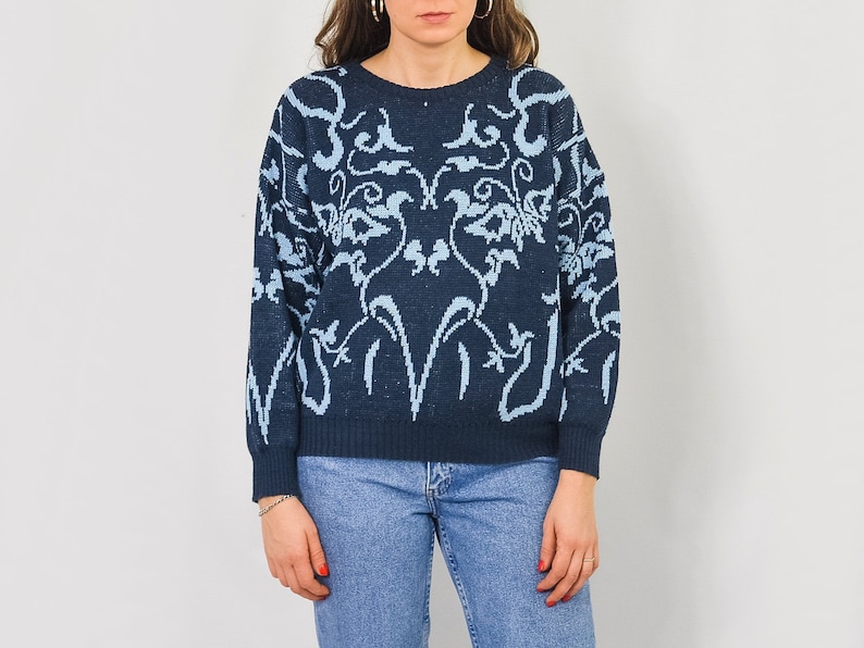 Blue sweater Vintage abstract pattern pullover 80s/90s M Medium image 2