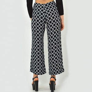 Patterned pants Vintage geometric White black Printed wide bell leg hipster 1990's elastic waist M/L image 6