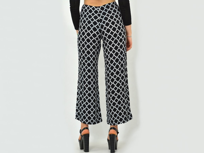 Patterned pants Vintage geometric White black Printed wide bell leg hipster 1990's elastic waist M/L image 6