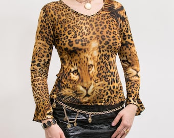 Honey Bear Chemisier tendance pour femme Imprimé léopard Automne Col en