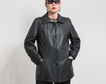Svart skinnjacka Vintage 90-talskappa dam storlek L/XL