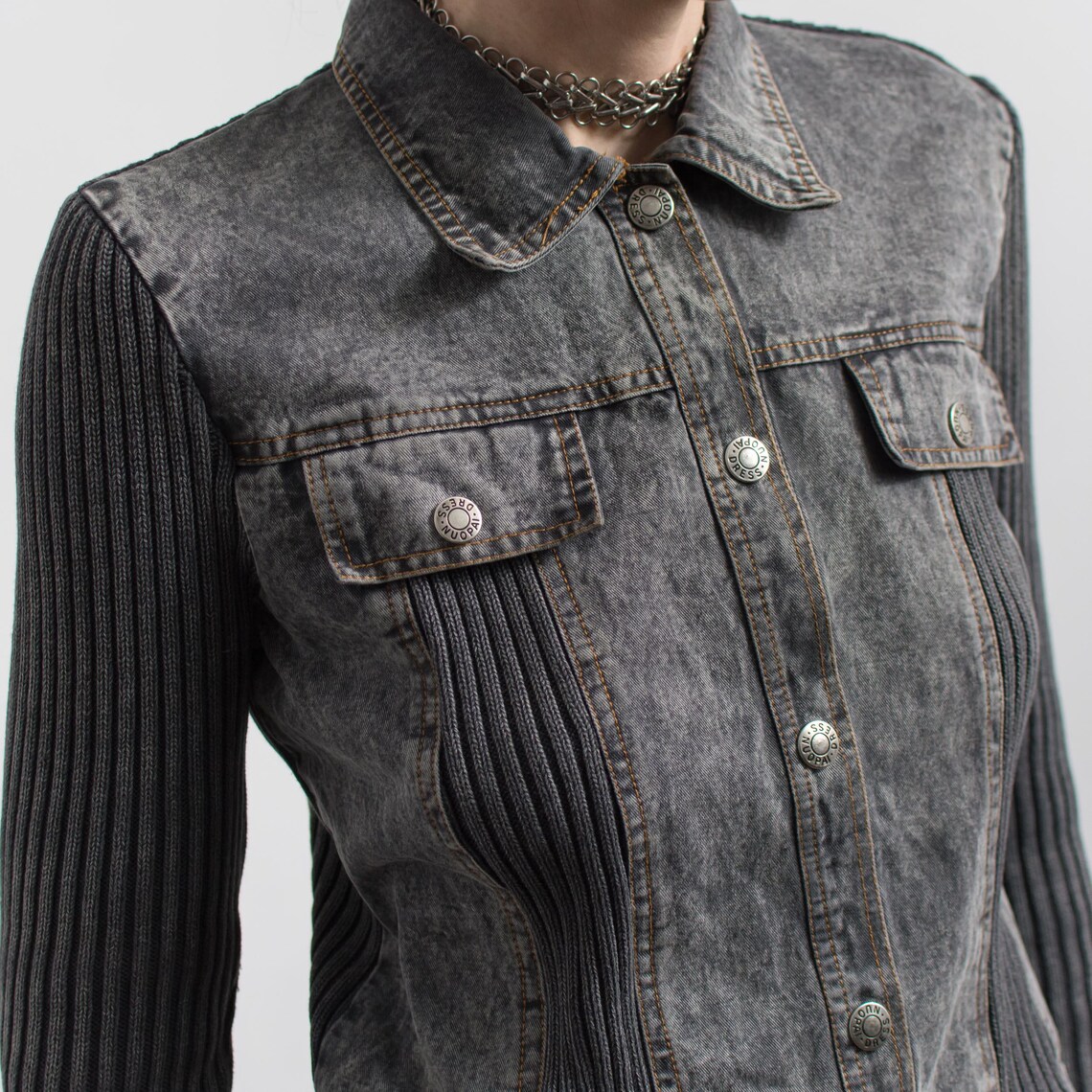 Vintage Cropped Denim Knit Jacket Y2K Ribbed M/L, foto 4 di 5