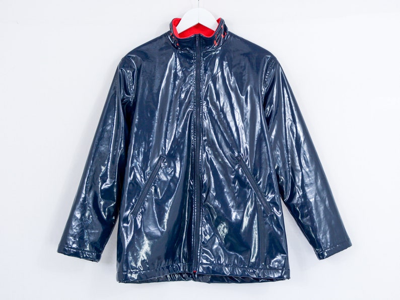 Blue vinyl jacket Elle fleece lining metallic vintage Etsy