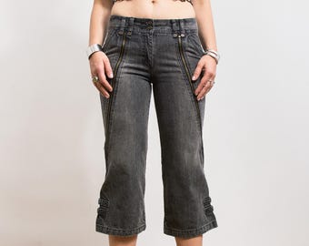 Spodnie jeansowe vintage Y2K, szare, z lat 2000., capri, z zamkami, rozmiar M