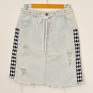 Reworked denim skirt W29 Frayed lace up Mini cut off light blue jean Vintage 90's High waisted Pockets 90's M Medium image 8