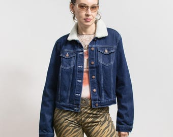 Vintage Denim Jacket with Faux Shearling Collar L/XL