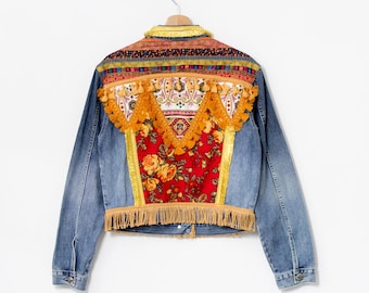 Jaqueta enfeitada boho denim festival floral feminina tamanho M