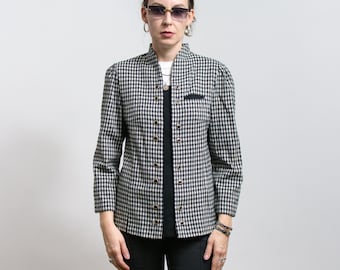 Blazer de cuadros vintage, chaqueta cruzada negra y blanca, talla L