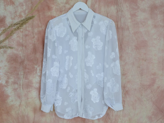 White roses shirt 80s vintage puffy sleeve mesh s… - image 6