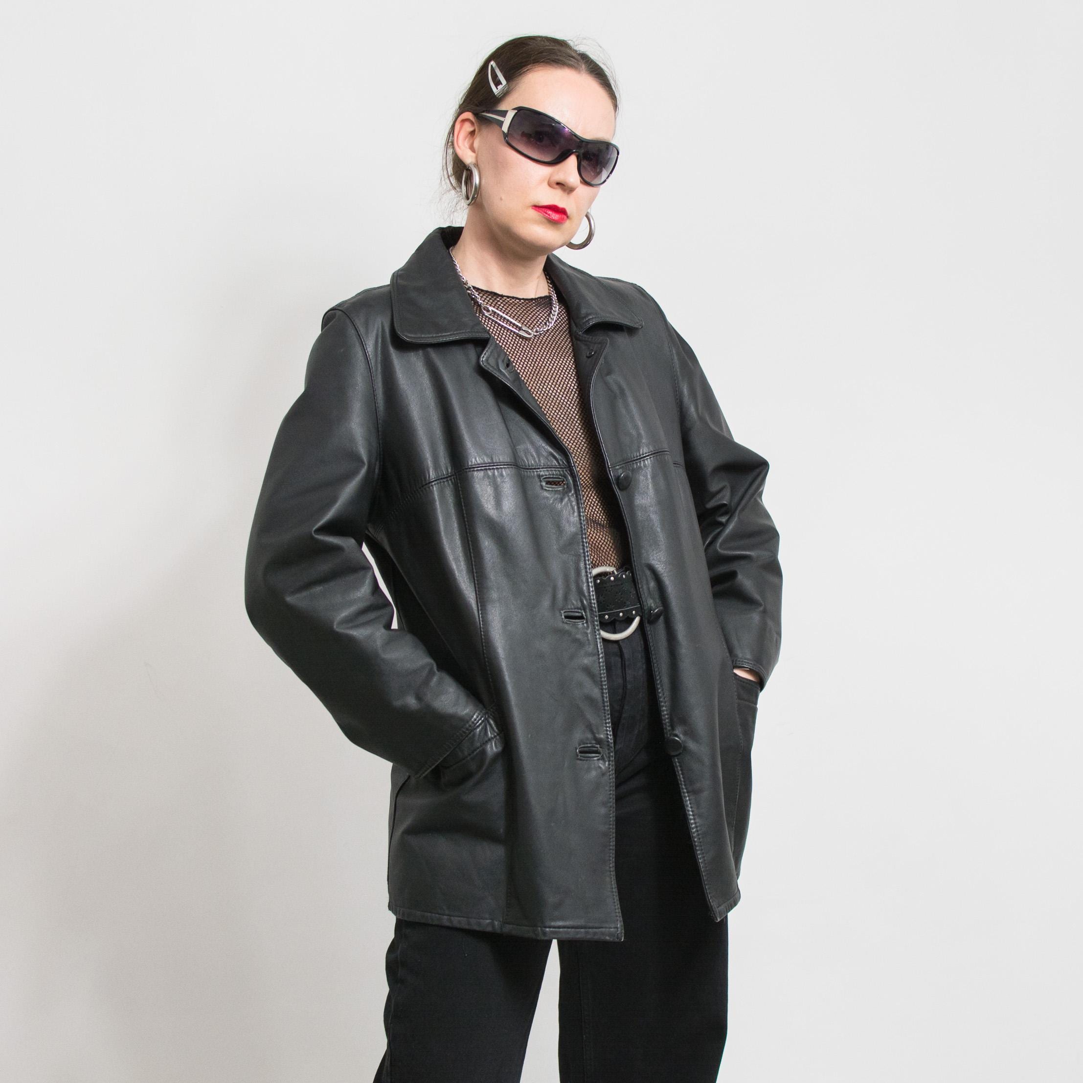 Black Leather Jacket Vintage 90's Coat Women Size L/XL - Etsy Israel