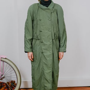 Green coat vintage 80's Bloomies autumn spring military maxi jacket reglan sleeve overcoat padded shoulders tied waist women XL image 4