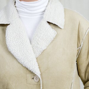 Faux suede jacket cream sherpa winter coat shearling beige vintage XL image 6